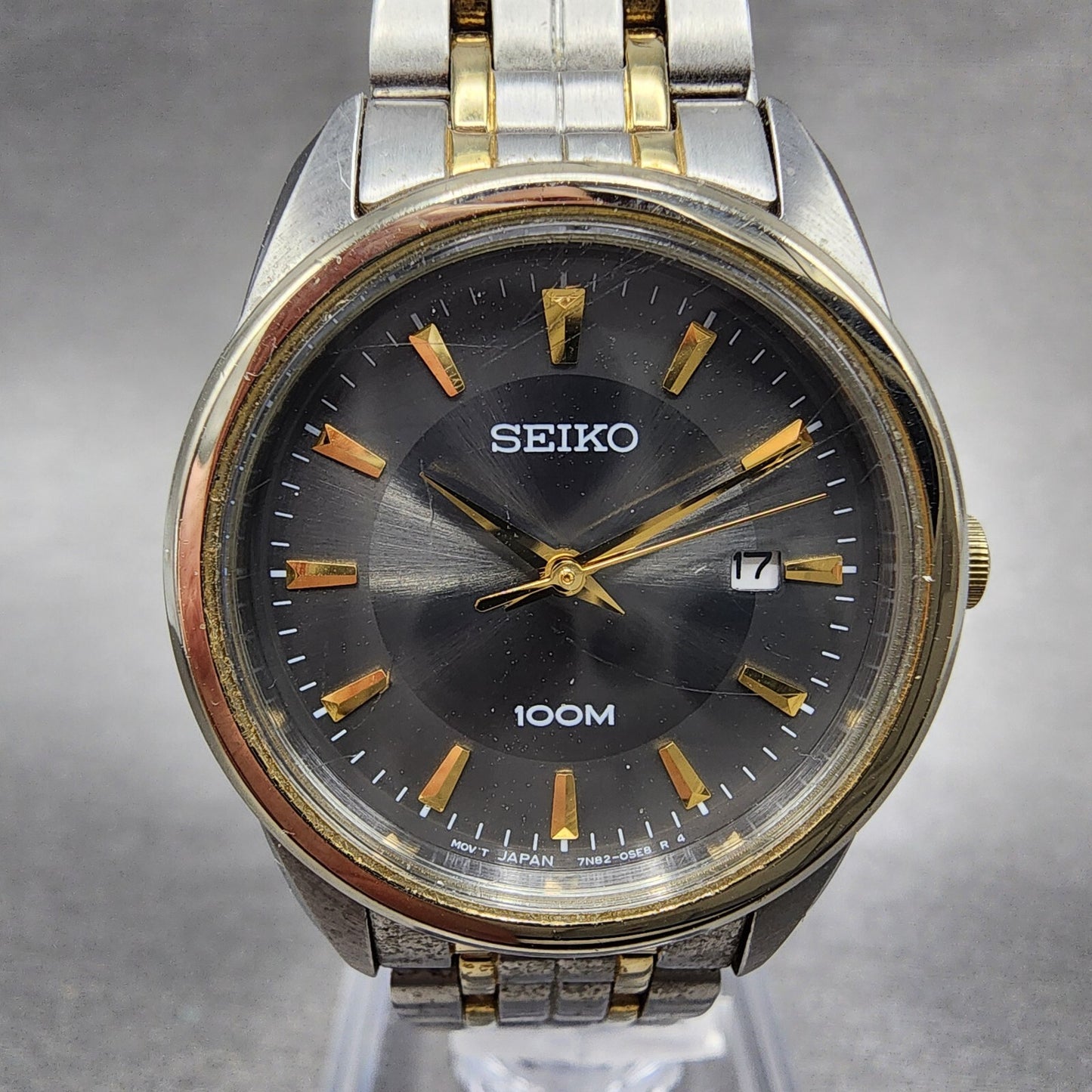 Seiko Watch Women 27mm Gray Dial Two Tone Date Round 7N82-0HF0 New Battery