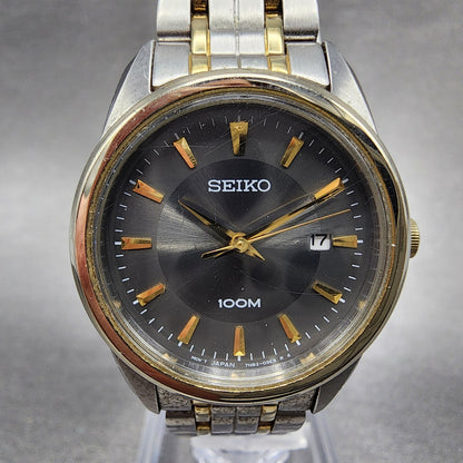 Seiko Watch Women 27mm Gray Dial Two Tone Date Round 7N82-0HF0 New Battery