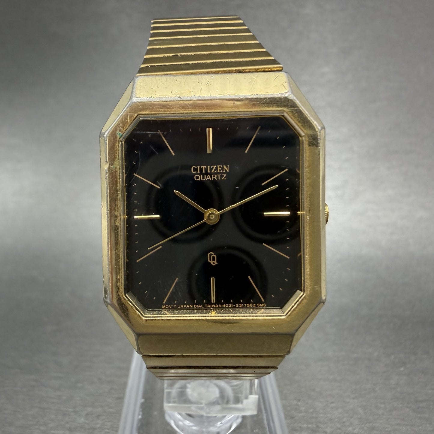 Citizen CQ Tank Watch Men 26mm Black Dial Gold Tone Octagon New Battery VHE0