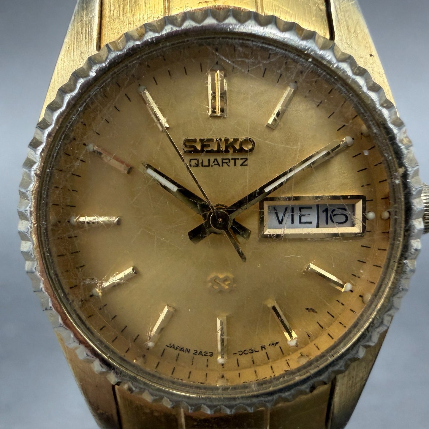 Seiko SQ Watch Women 24mm Champagne Dial Gold Tone Daydate 2a23-0030 READ NewBat1