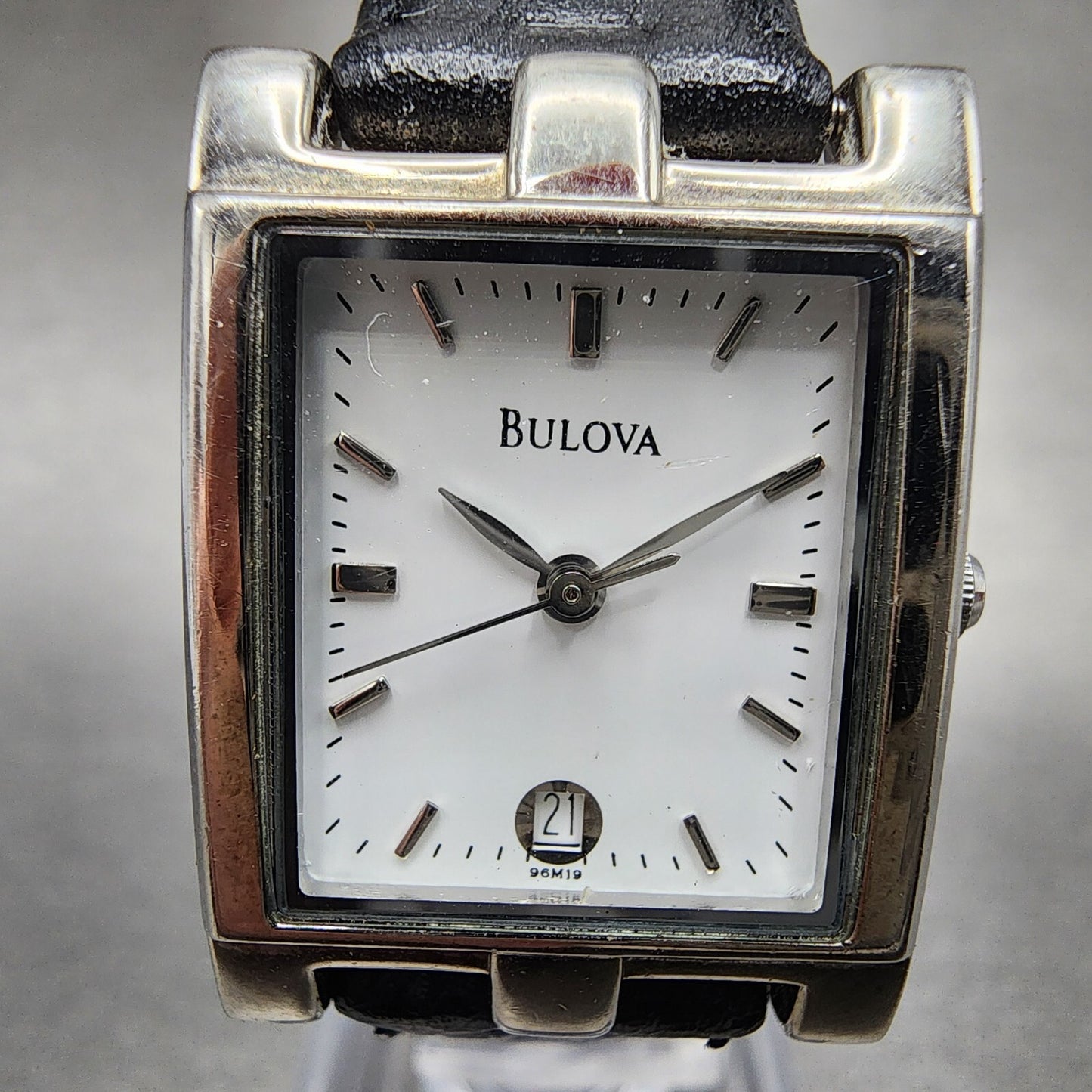 Bulova Tank Watch Women 21mm White Dial Silver Tone Date Rectangle New Battery