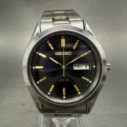 Seiko Solar Watch Men 37mm Black Dial Two Tone Daydate Round V158-0AB0 Runs0