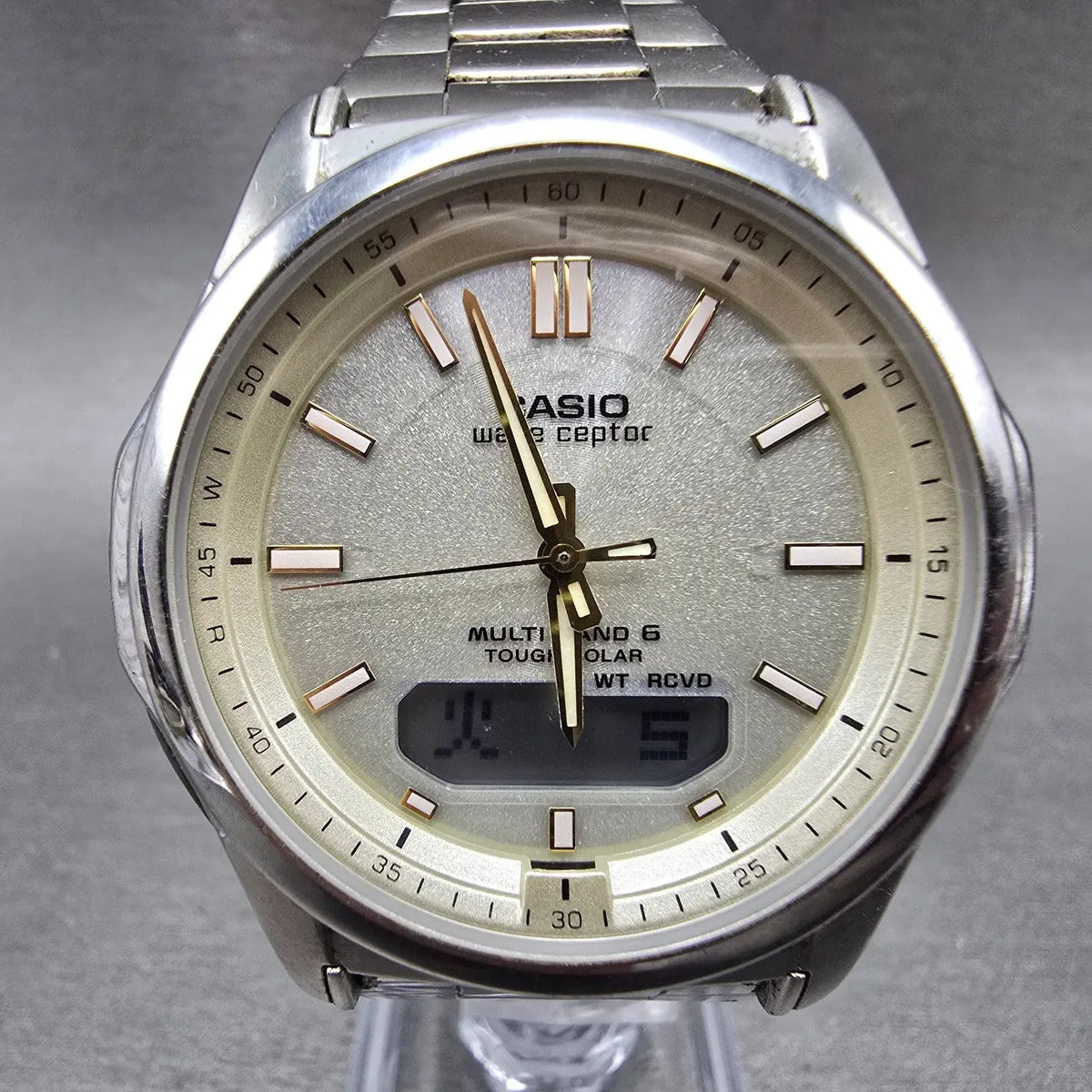 Casio Wave Ceptor Watch Men 42mm Champagne Dial Steel Solar Analog Digital Runsa0