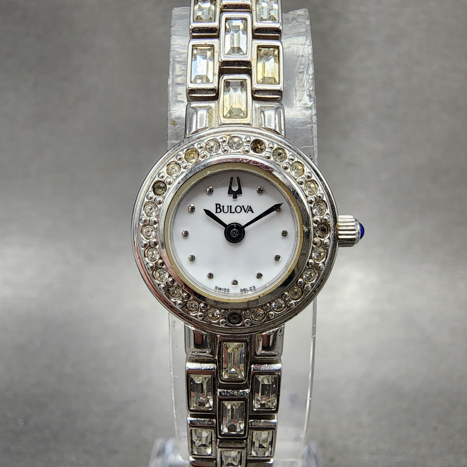 Bulova Crystal Watch Women 19mm White Dial Silver tone Round 96L23 New battery0