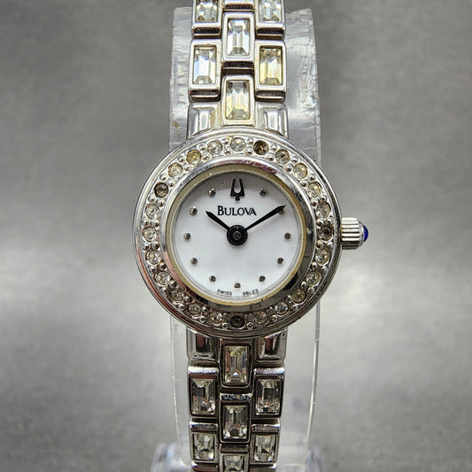 Bulova Crystal Watch Women 19mm White Dial Silver tone Round 96L23 New battery0