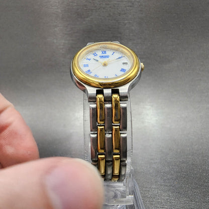 Seiko Watch Women 24mm White Dial Two Tone Date Round 7N82-6B29 New Battery
