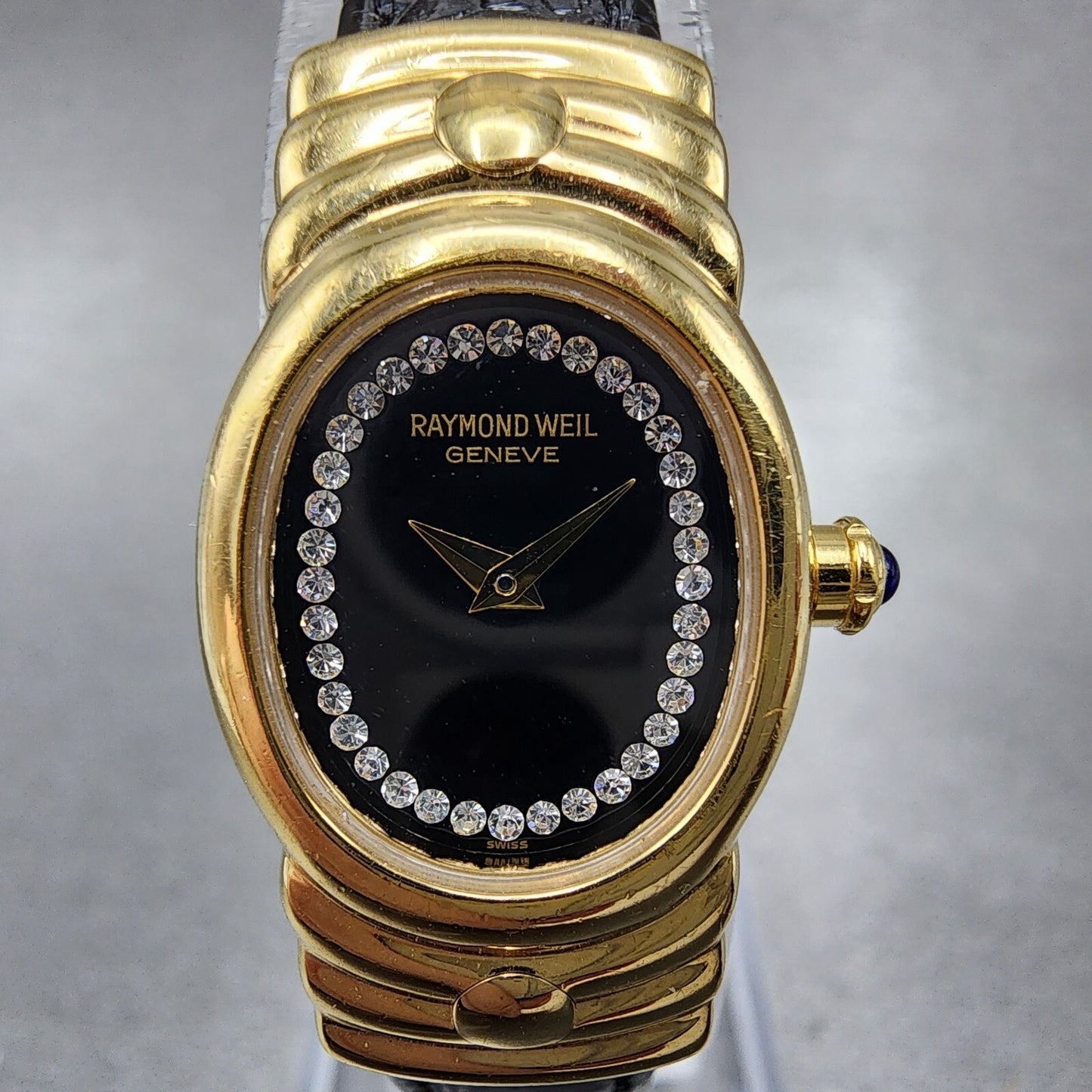 Raymond Weil Watch Women 17mm Black Dial Gold Plated Oval 3765 New Battery