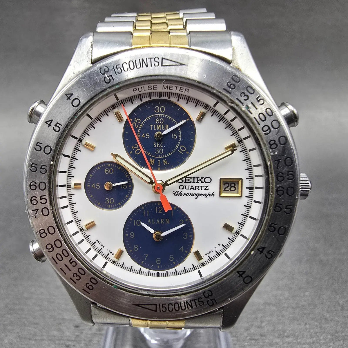 Seiko Chronograph Watch Men 40mm White Dial Two Tone Alarm Date 7T42-7A40 PARTS0