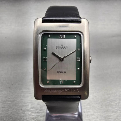 Skagen Watch Men 26mm Silver Green Dial Titanium Rectangle 177LTL New Battery0