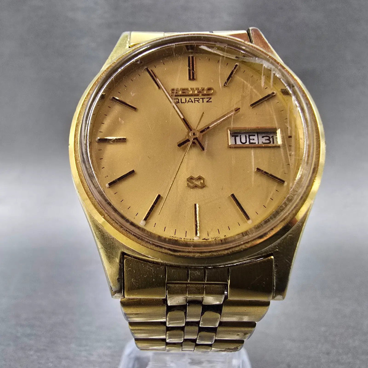 Seiko SQ Watch Men 34mm Gold Dial Gold Daydate 5H23 Movement 5H23-7009 JP PARTS6