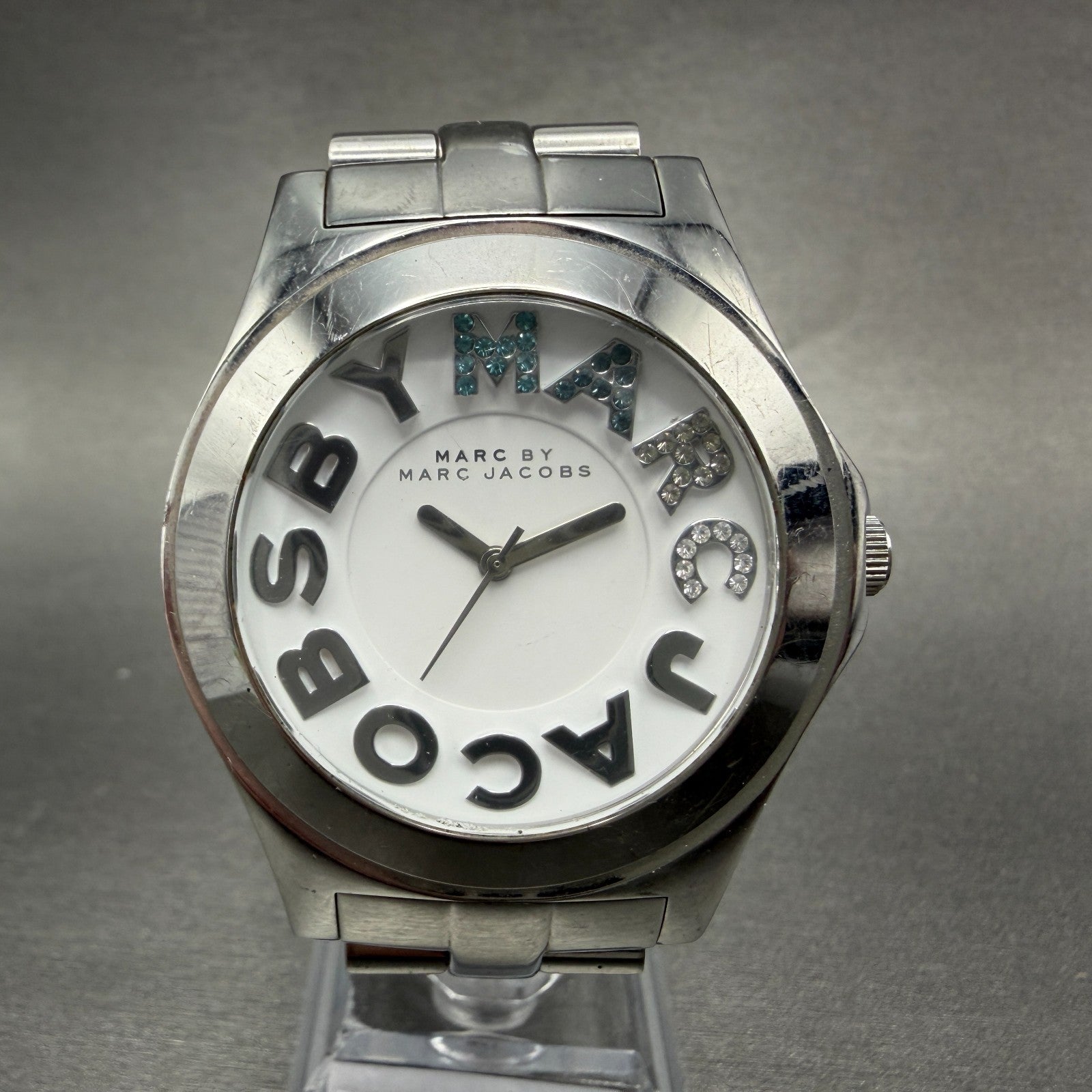 Marc Jacobs Rivera Watch Men 41mm White Dial Steel Round MBM3136 New Battery0
