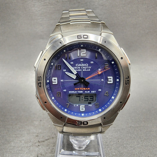 Casio Wave Ceptor Solar Watch Men 42mm Blue Dial Analog Digital Steel Runs0