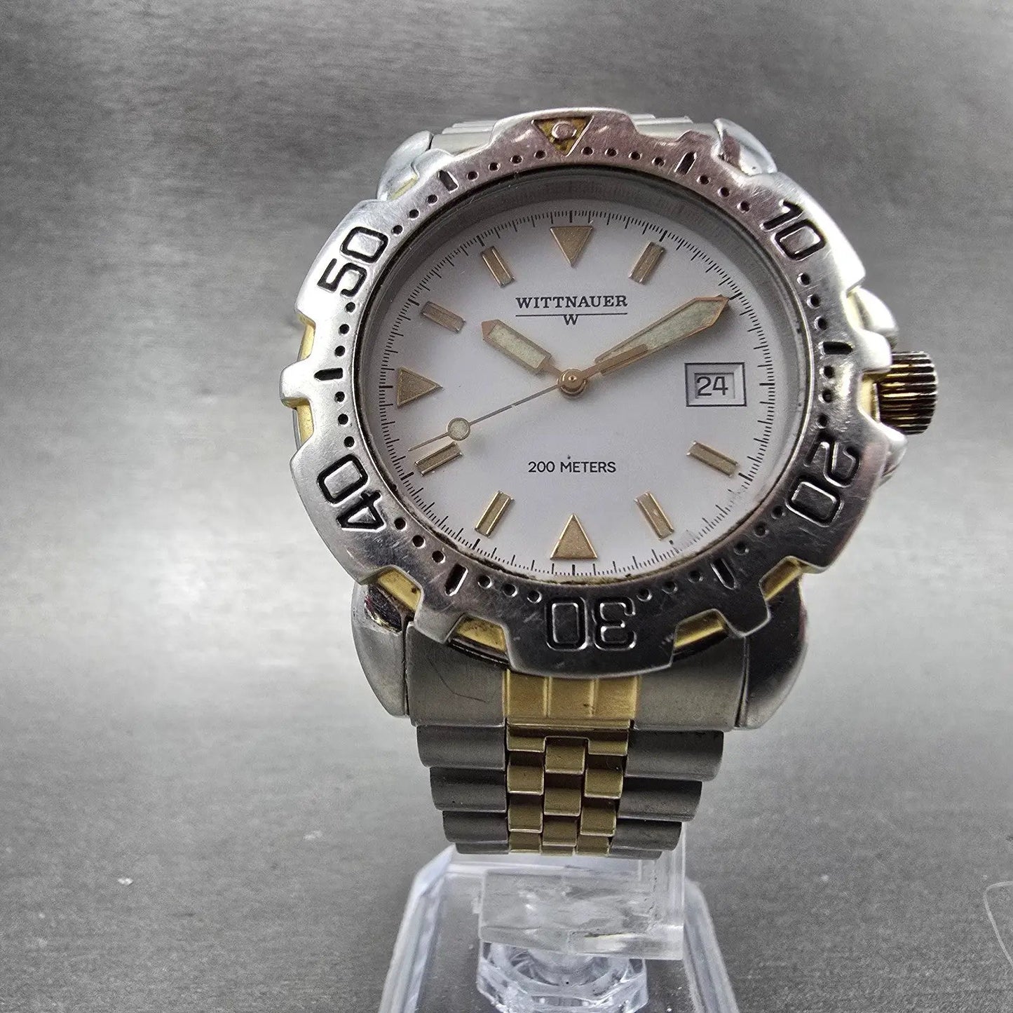 Wittnauer Dive Watch Men 38mm White Dial Two Tone Date Round New Battery VTG5