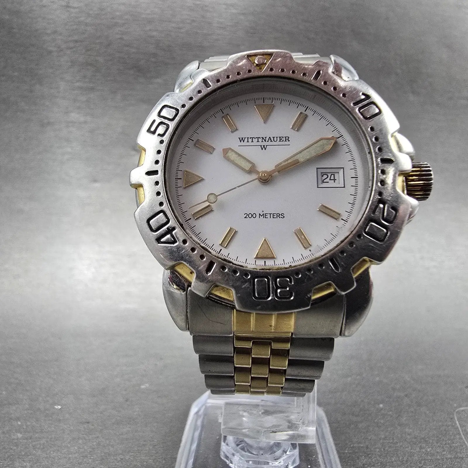 Wittnauer Dive Watch Men 38mm White Dial Two Tone Date Round New Battery VTG5