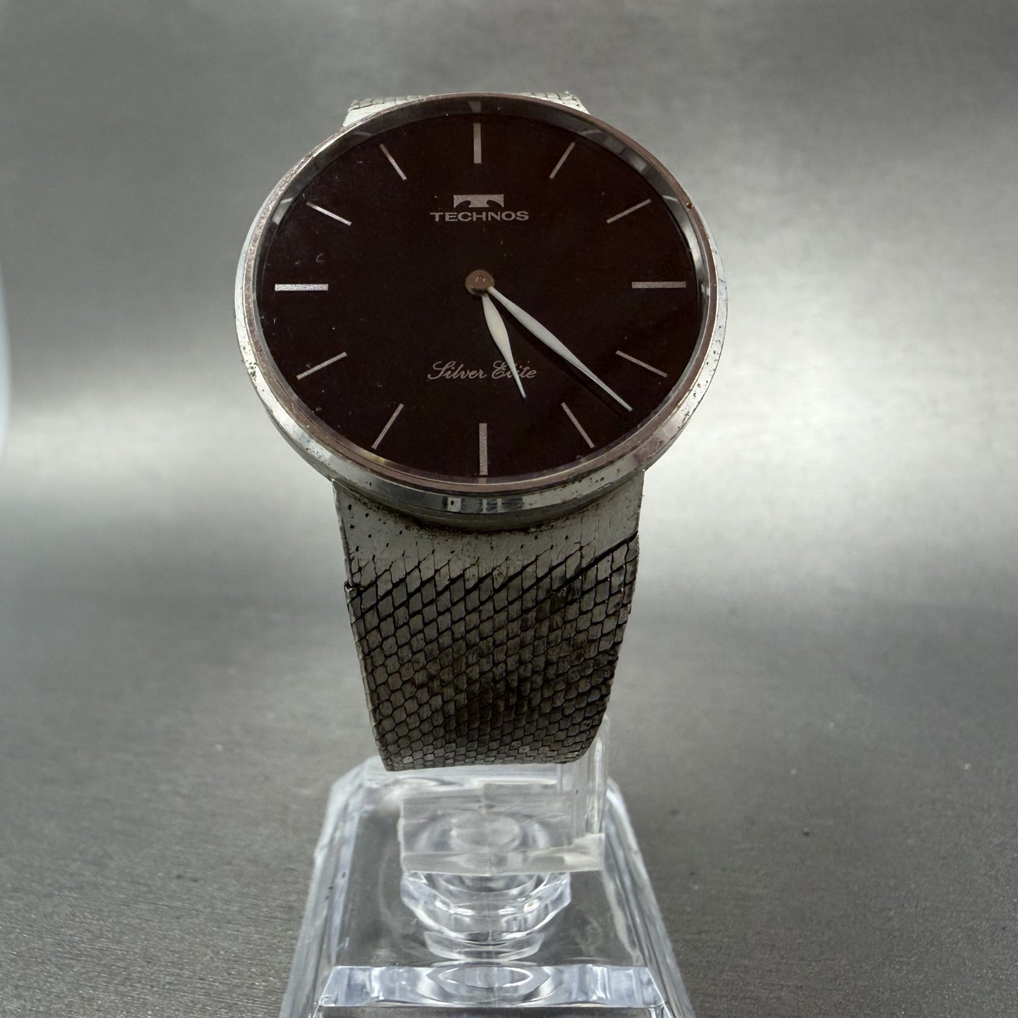 Technos Silver Elite Watch Men 33mm Black Dial Sterling Silver 925 Round PARTS6