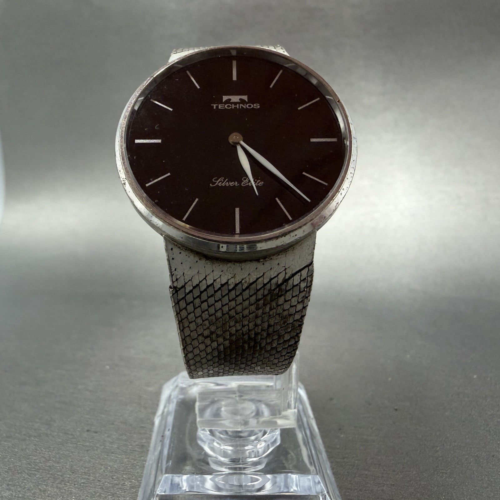 Technos Silver Elite Watch Men 33mm Black Dial Sterling Silver 925 Round PARTS6