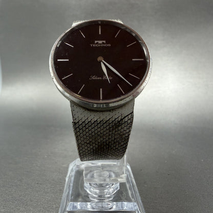 Technos Silver Elite Watch Men 33mm Black Dial Sterling Silver 925 Round PARTS6