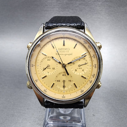 Seiko Chronograph Watch Men 37mm Gold Dial Two Tone 7A28-7029 Round READ!!!!!