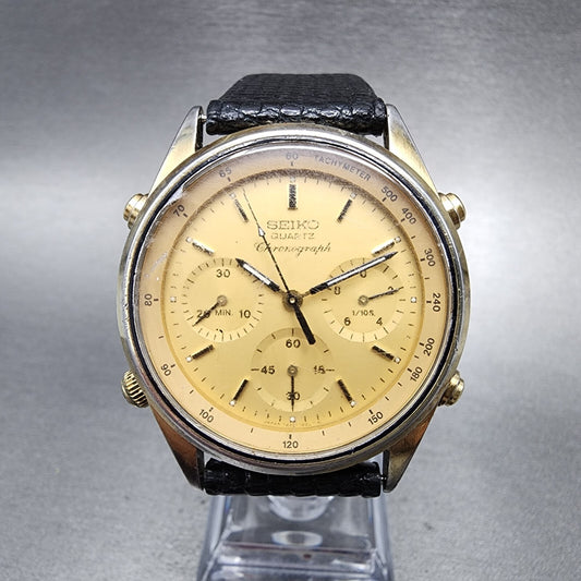 Seiko Chronograph Watch Men 37mm Gold Dial Two Tone 7A28-7029 Round READ!!!!!