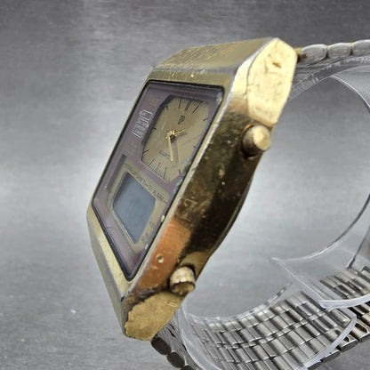 Pulsar Analog Digital Watch Men 32mm Gold Tone Alarm Chronograph Y651 New Battey2