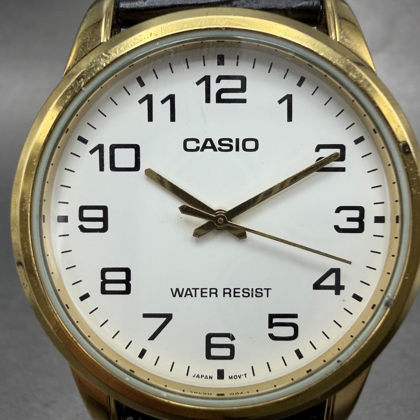 Casio Watch Men 38mm White Dial Gold Tone Round MTP-V001 NewBattery Leather Band1