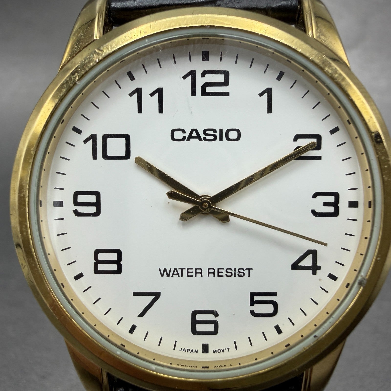 Casio Watch Men 38mm White Dial Gold Tone Round MTP-V001 NewBattery Leather Band1