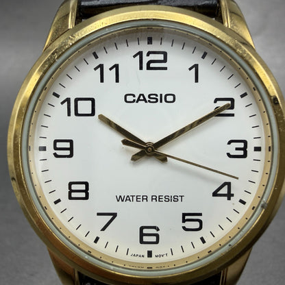 Casio Watch Men 38mm White Dial Gold Tone Round MTP-V001 NewBattery Leather Band1