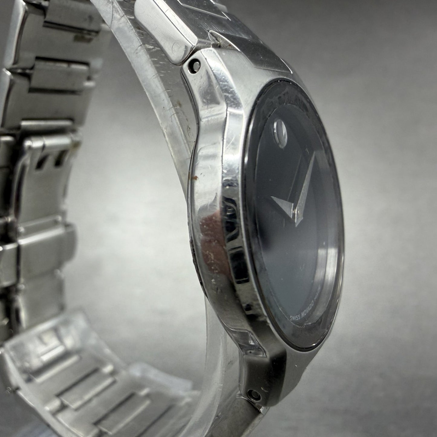 Movado Safiro Watch Women 26mm Black Dial Steel Round 0605806 New Battery ABCD3