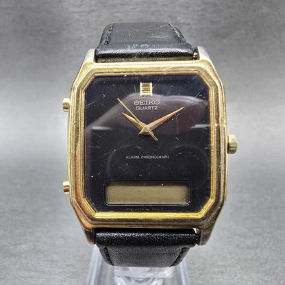 Seiko Analog Digital Watch Men 28mm Black Gold Alarm Chrono H449-5210 PARTS VTG0