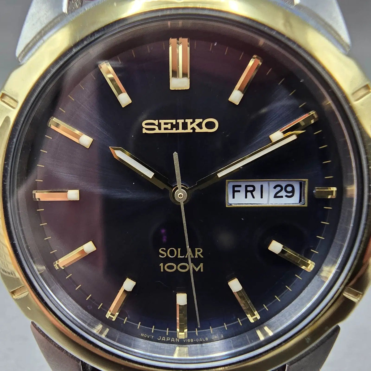 Seiko Solar Watch Men 39mm Blue Dial Two Tone Daydate Round V158-0AD0 Runs JP11