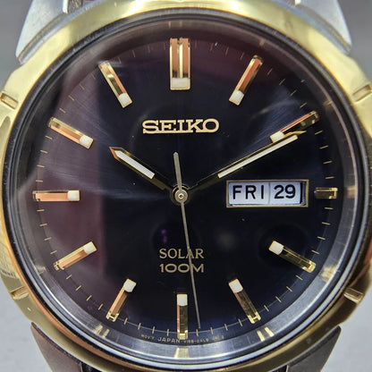 Seiko Solar Watch Men 39mm Blue Dial Two Tone Daydate Round V158-0AD0 Runs JP11