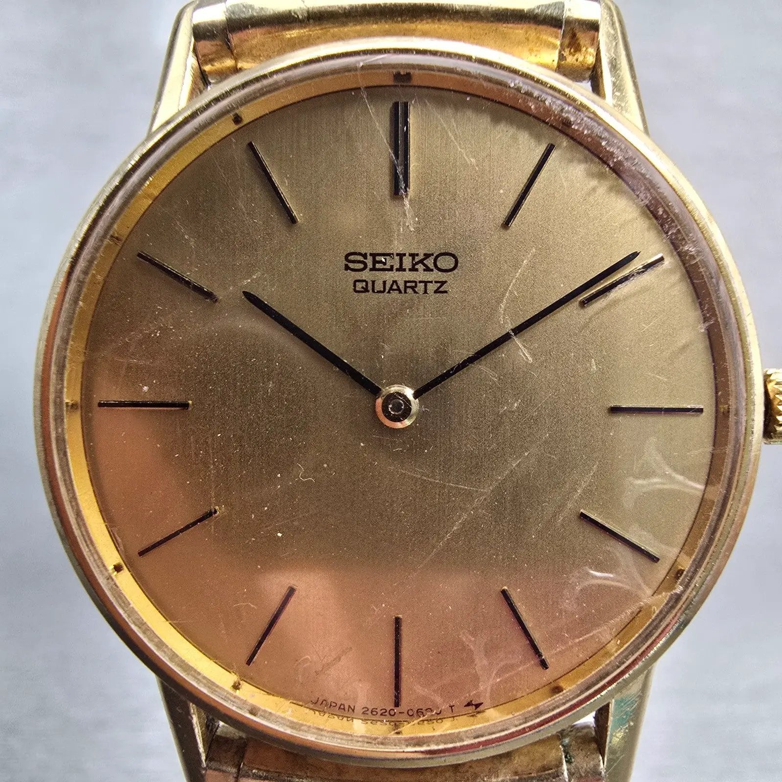 Seiko Watch Men 33mm Champagne Dial Gold Tone Round 2620-0139 New Battery VTG1