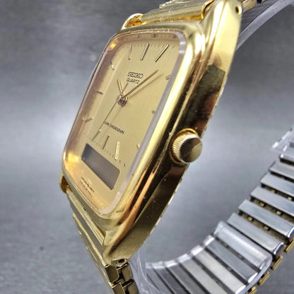 Seiko Ana Digi Watch Men 29mm Gold Dial Gold Tone Rectangle H601-5430 PARTS VTG3