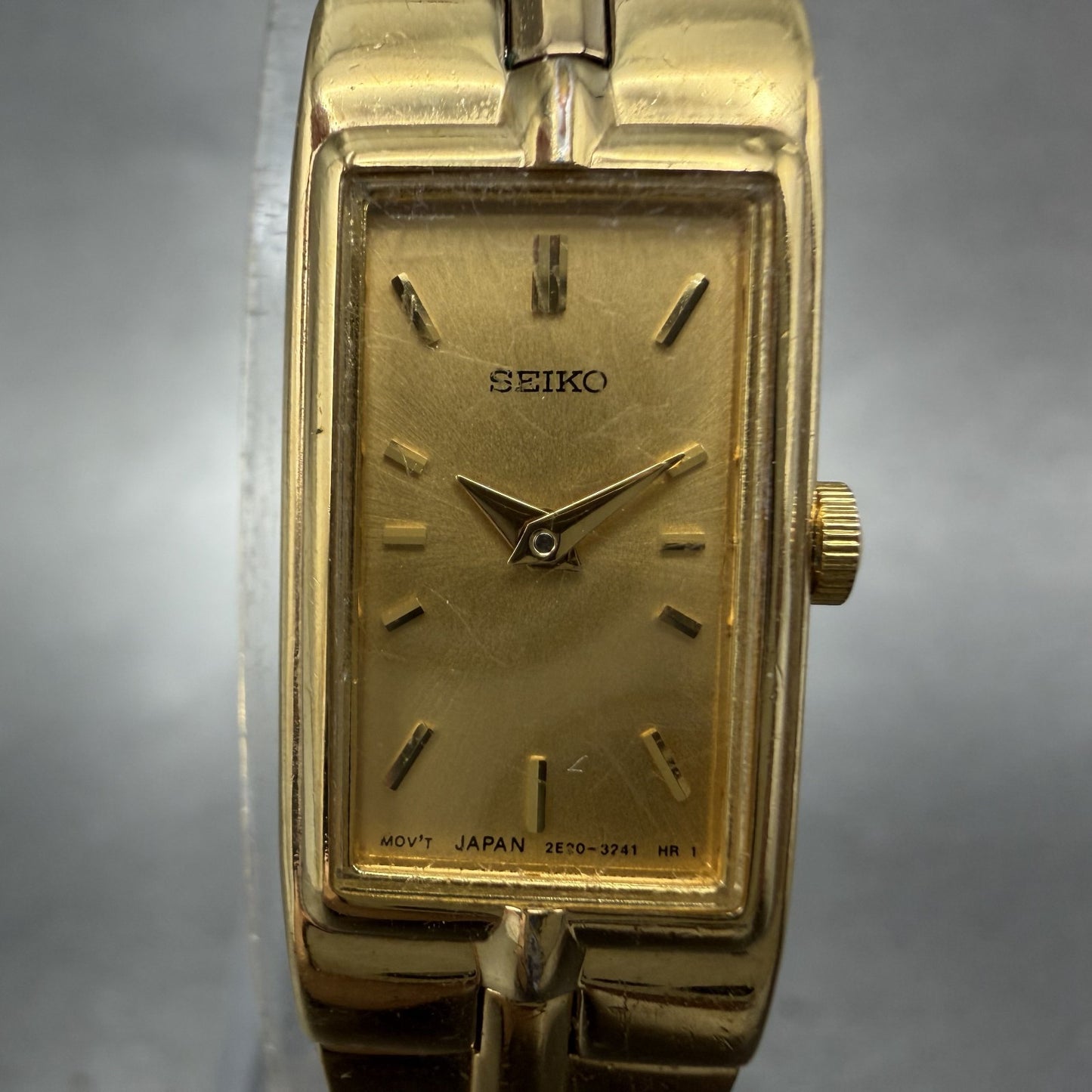 Seiko Watch Women 13mm Gold Dial Gold Tone Rectangle 2E20-7479 New Battery ABCD1