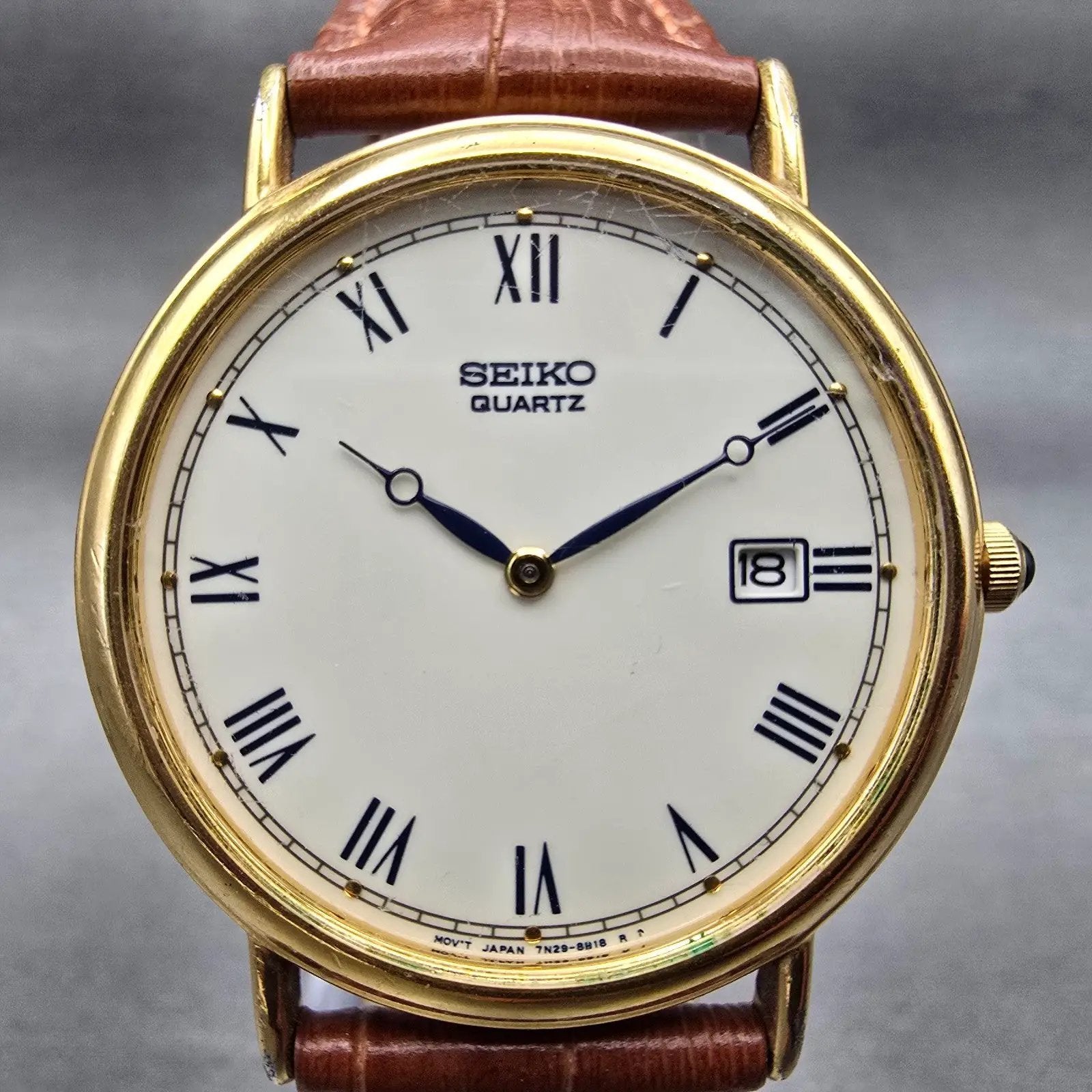 Seiko Watch Men 34mm Ivory Dial Gold Tone Date Round 7N29-8A09 New Battery LP1
