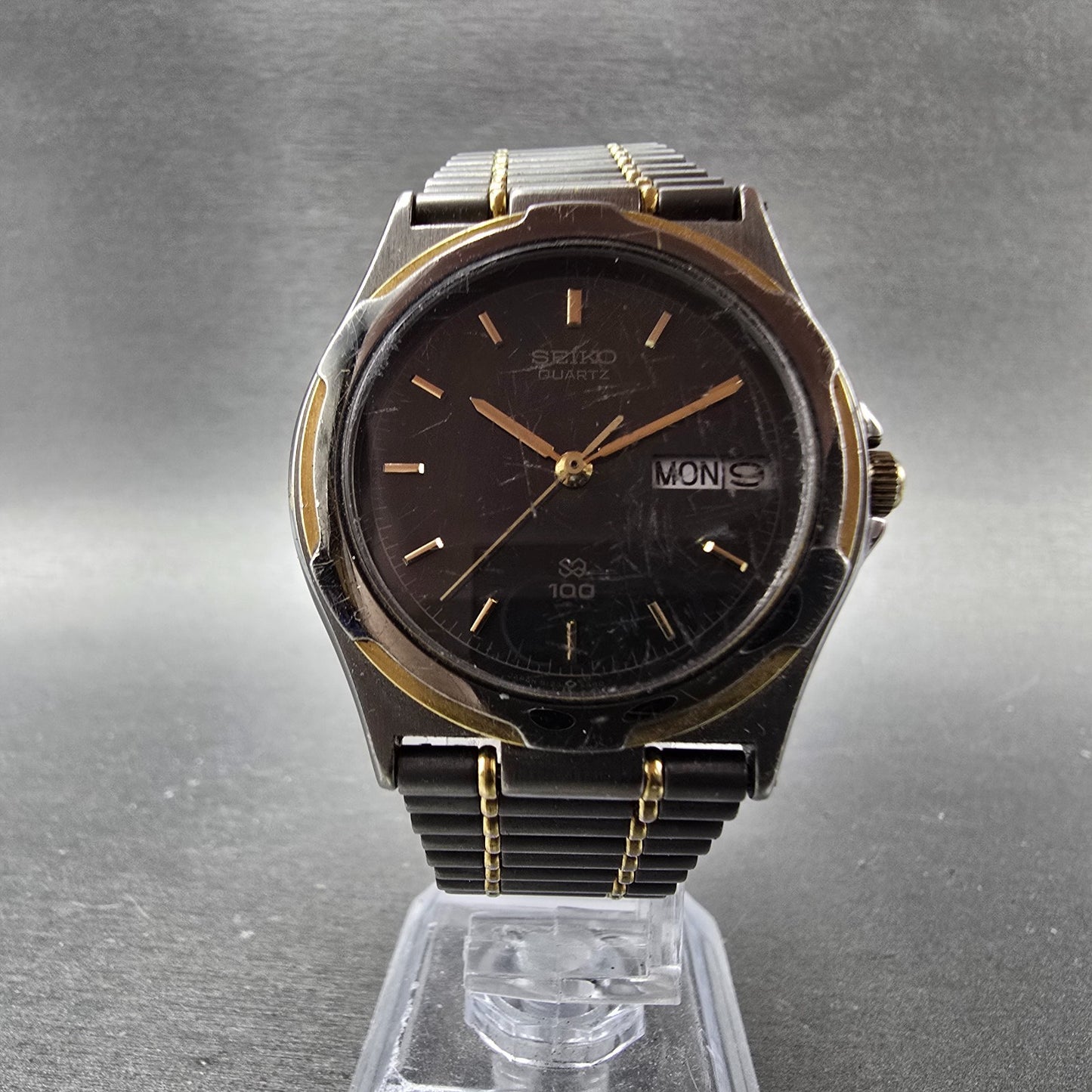 Seiko SQ Watch Men 34mm Black Dial Two Tone Daydate Round 8123-6349 PARTS6