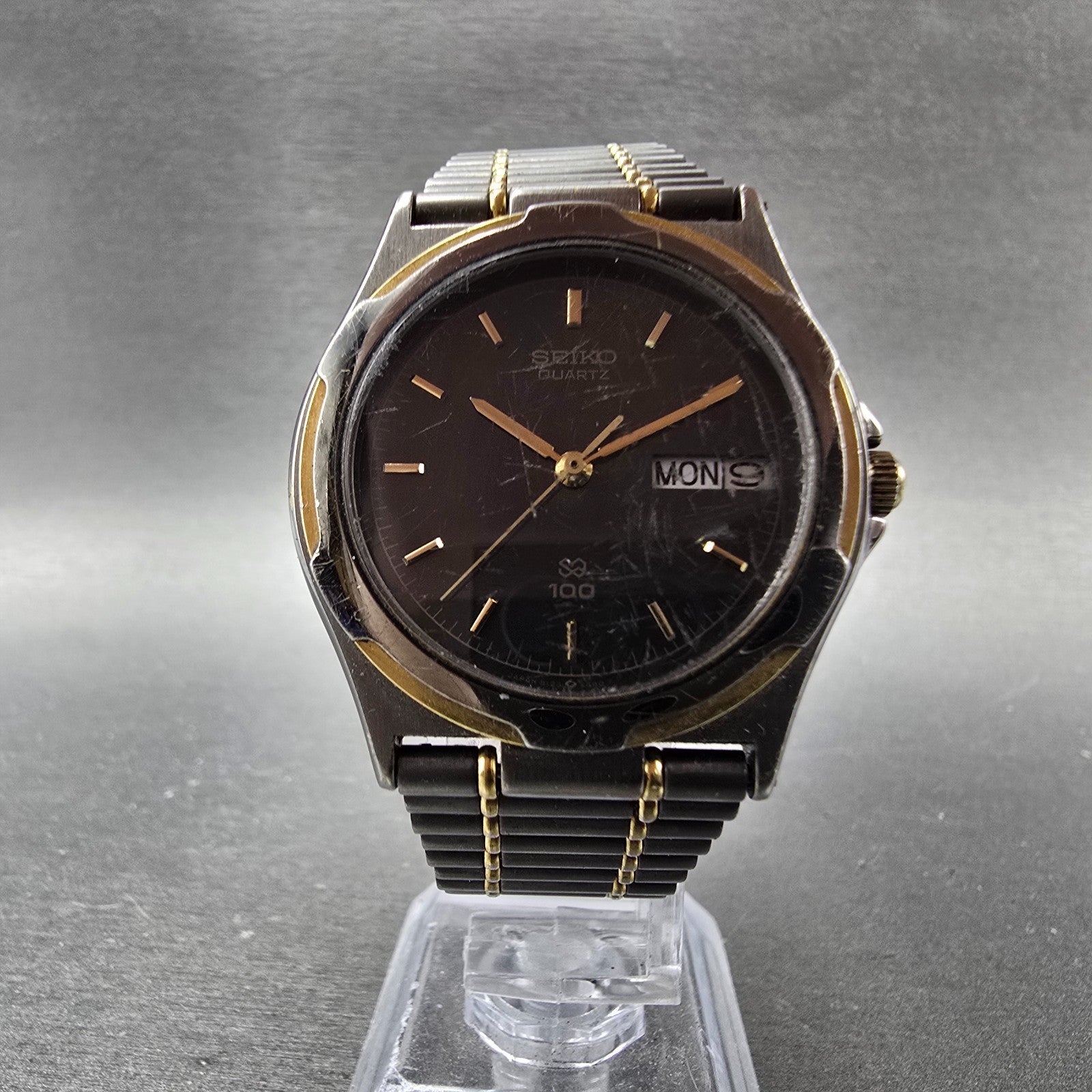 Seiko SQ Watch Men 34mm Black Dial Two Tone Daydate Round 8123-6349 PARTS6