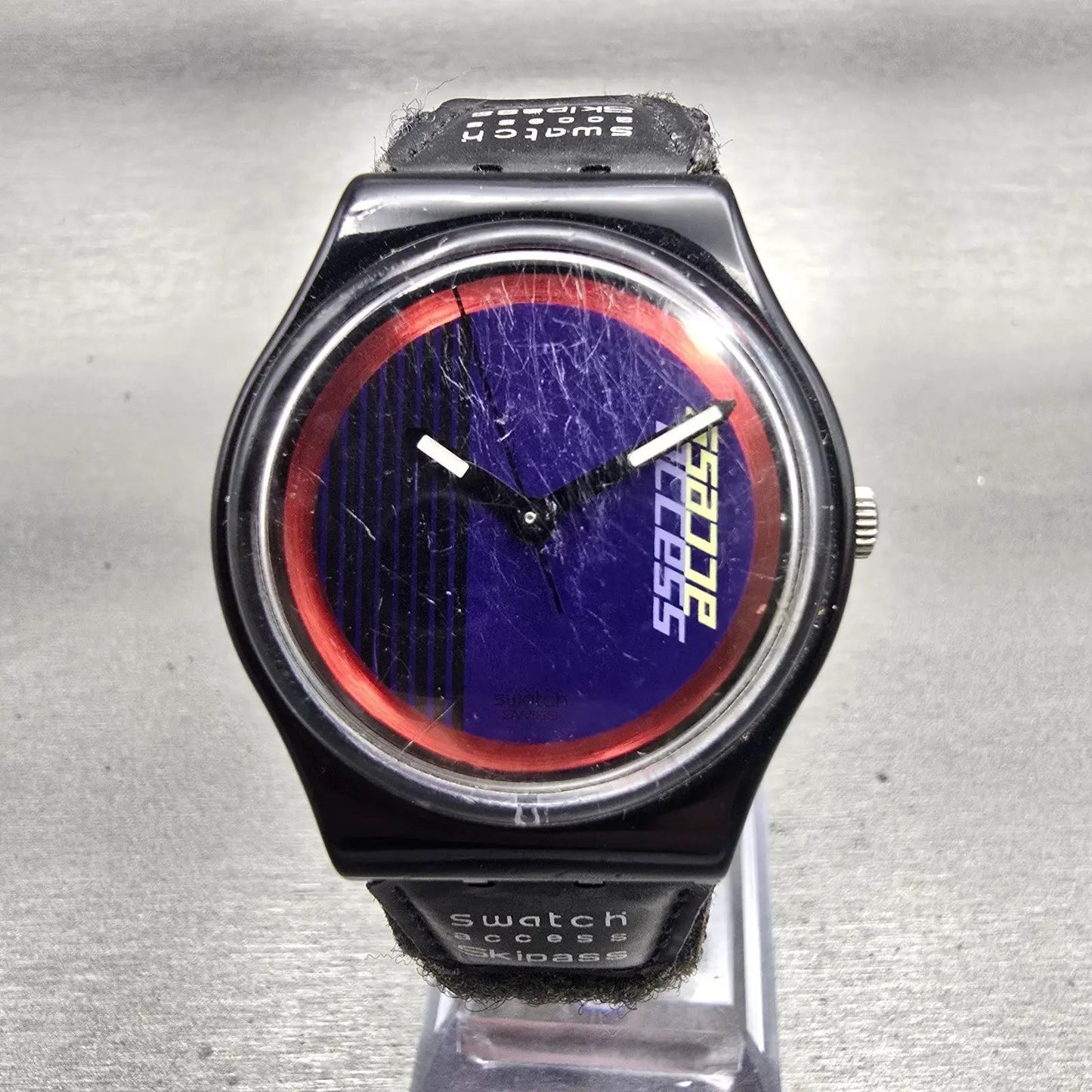 Swatch Access DOUBLE LOOP Watch Men Purple Dial Black Tone SKB100 New Battery0
