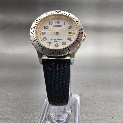 Seiko Watch Women 28mm White Dial Two Tone Date Round 7N82-0650 New Battery VTG5