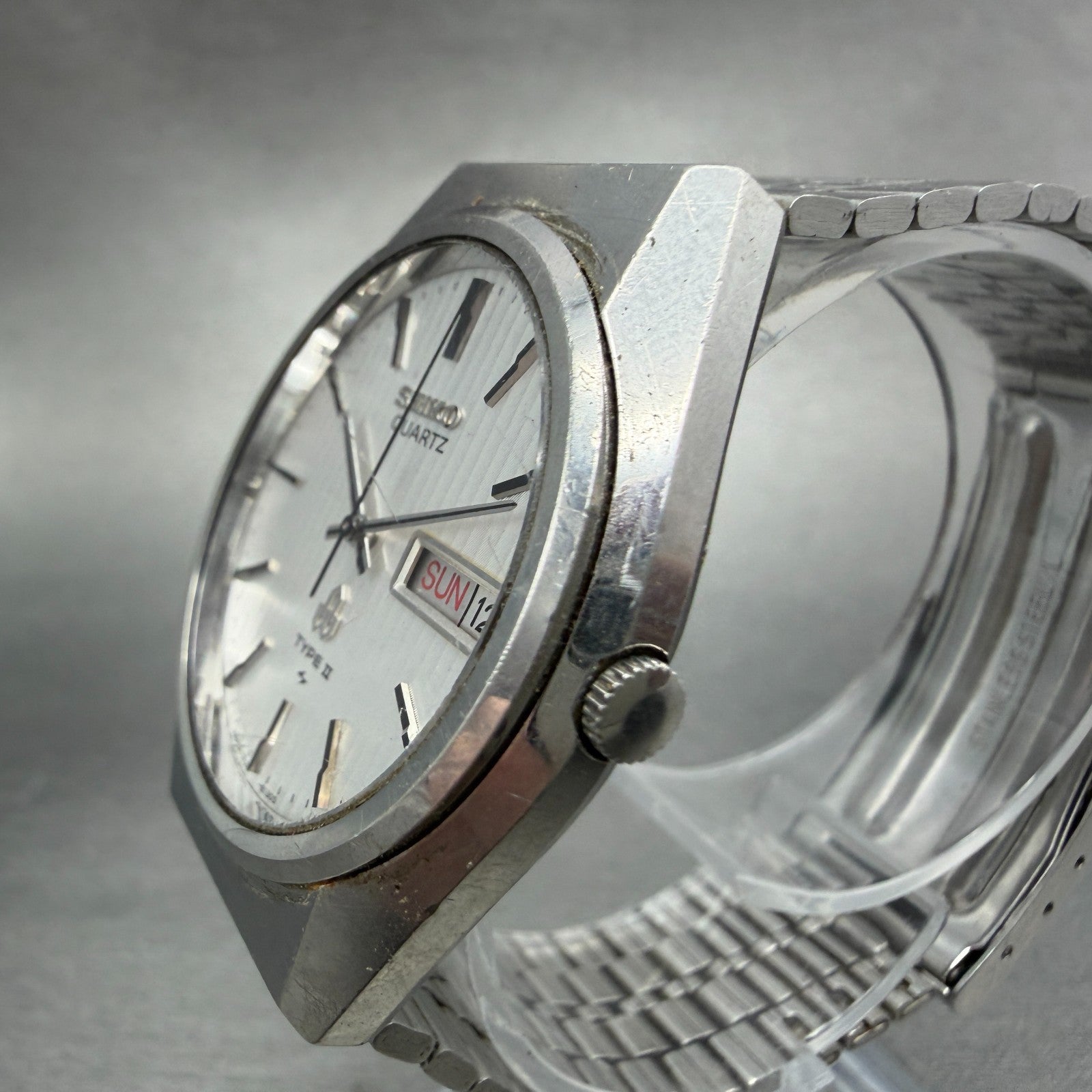 Seiko Type II Watch Men 35mm Silver Dial Silver Tone Daydate 7123-8100 New Batt32