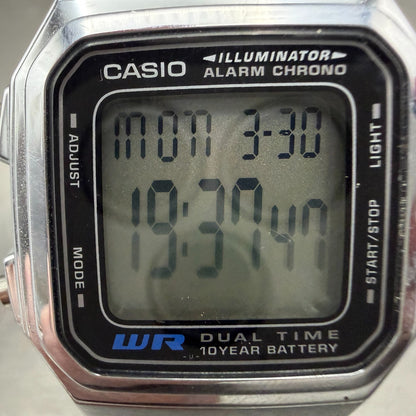 Casio Iluminator Digital Watch Men 34mm Silver Tone Alarm Chrono A178W New Batt1