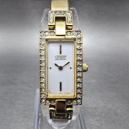 Citizen Eco-Drive Tank Watch Women 14mm White Dial Gold Crystal Bangle Works0
