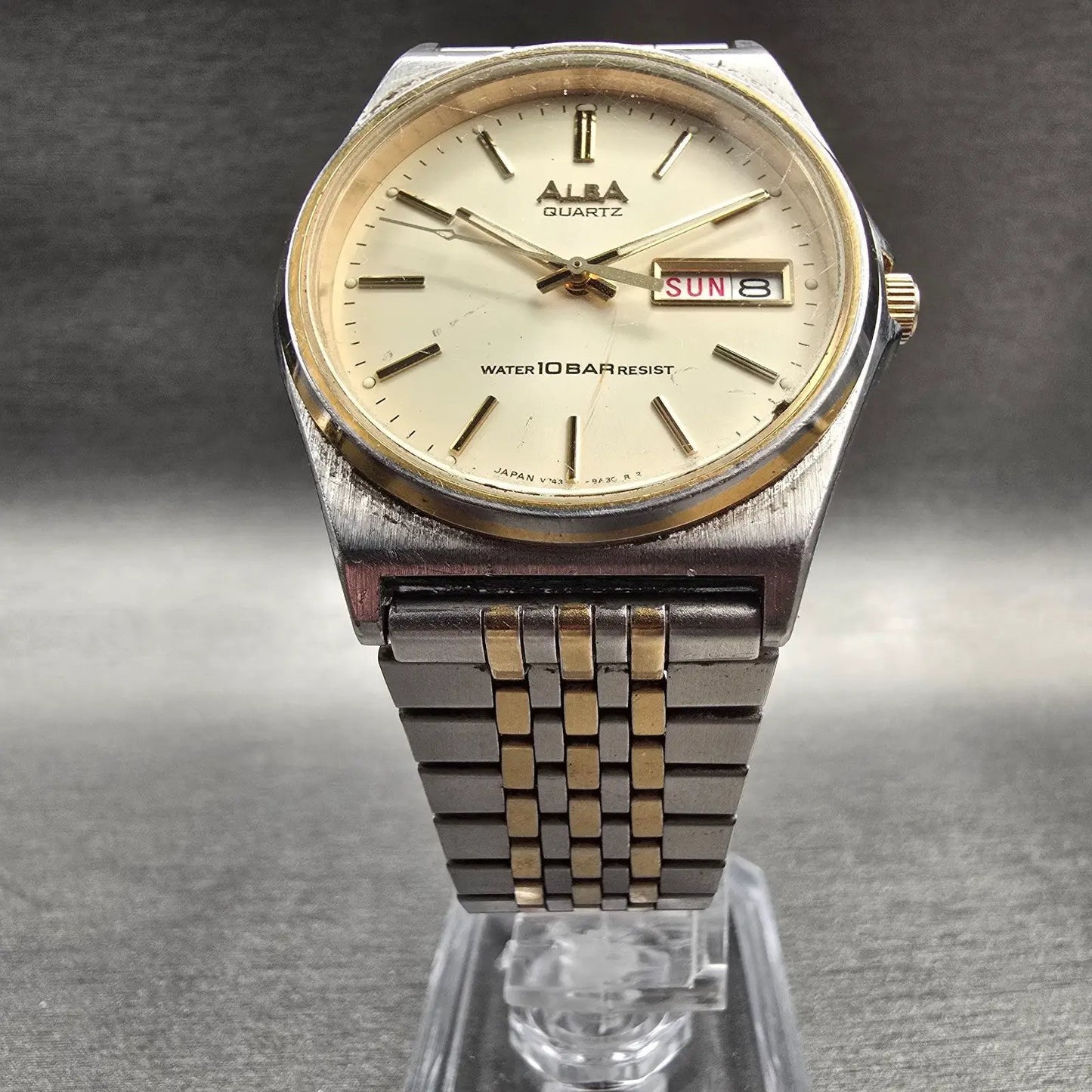 Seiko Alba Watch Men 34mm Ivory Dial Two Tone Daydate Round V743-8A10 New Batt5