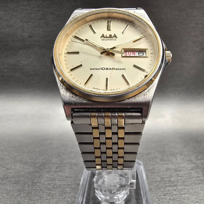 Seiko Alba Watch Men 34mm Ivory Dial Two Tone Daydate Round V743-8A10 New Batt5