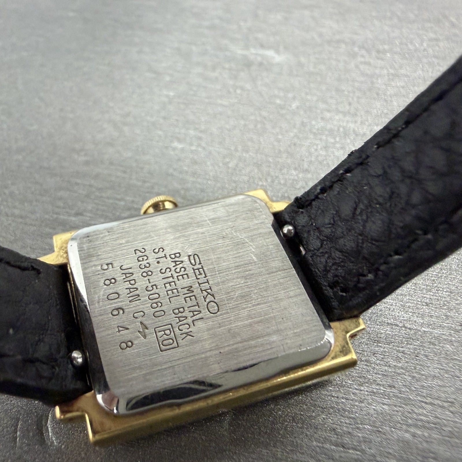 Seiko Tank Watch Women 20mm Black Dial Gold Tone Small Seconds 2G38-5060 New Bat9