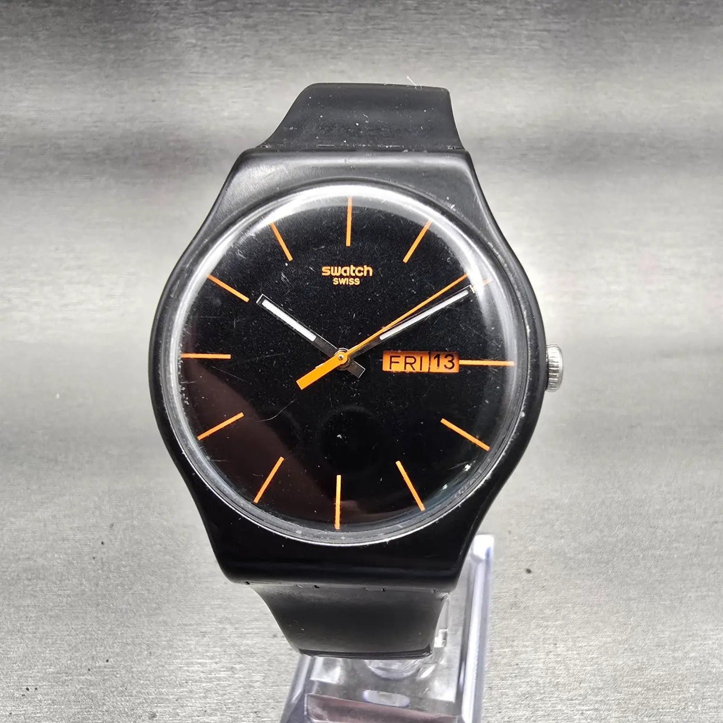 Swatch DARK REBEL Watch Men Black Dial Black Tone Daydate SUOB704 New Battery0