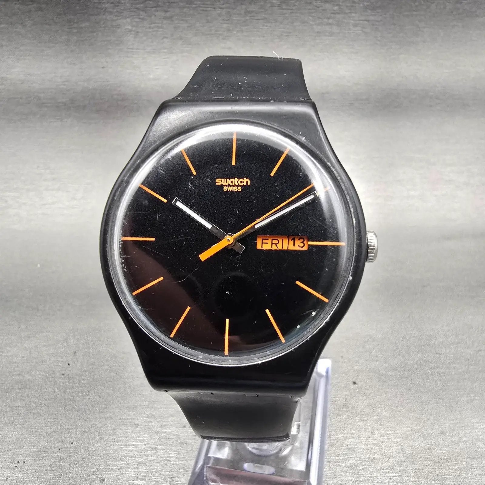 Swatch DARK REBEL Watch Men Black Dial Black Tone Daydate SUOB704 New Battery0