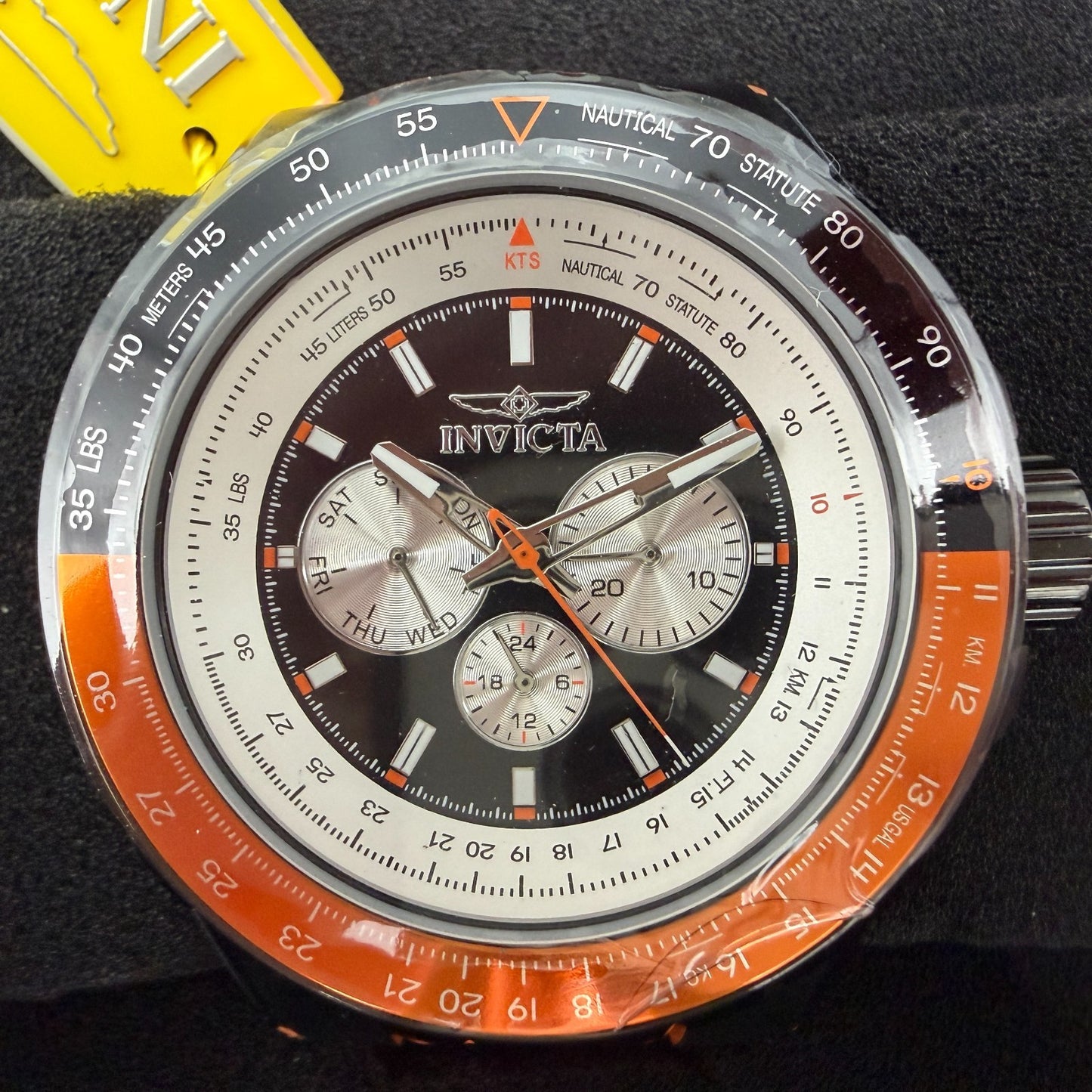 Invicta Aviator GMT Watch Men 50mm Black Dial Black Orange Daydate Round 370311