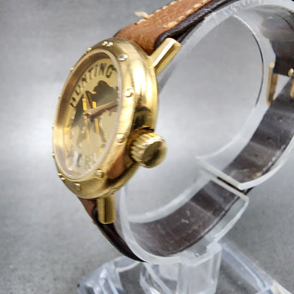 Hunting World Watch Women 27mm Gold Dial Gold Tone Date Round  New Battery2