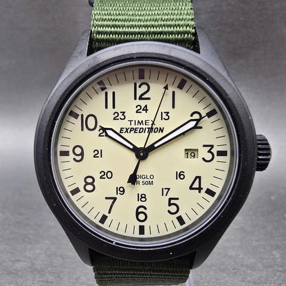 Timex Expedition Scout Watch Men 40mm Cream Dial Black Date Round New Battery L0
